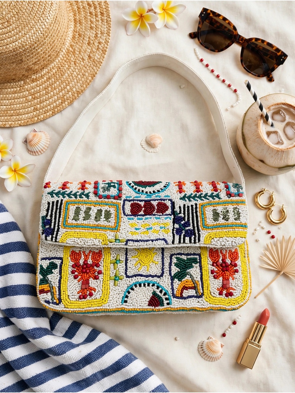 Beaded Mosaic Pattern Shoulder Bag - White Multicolor
